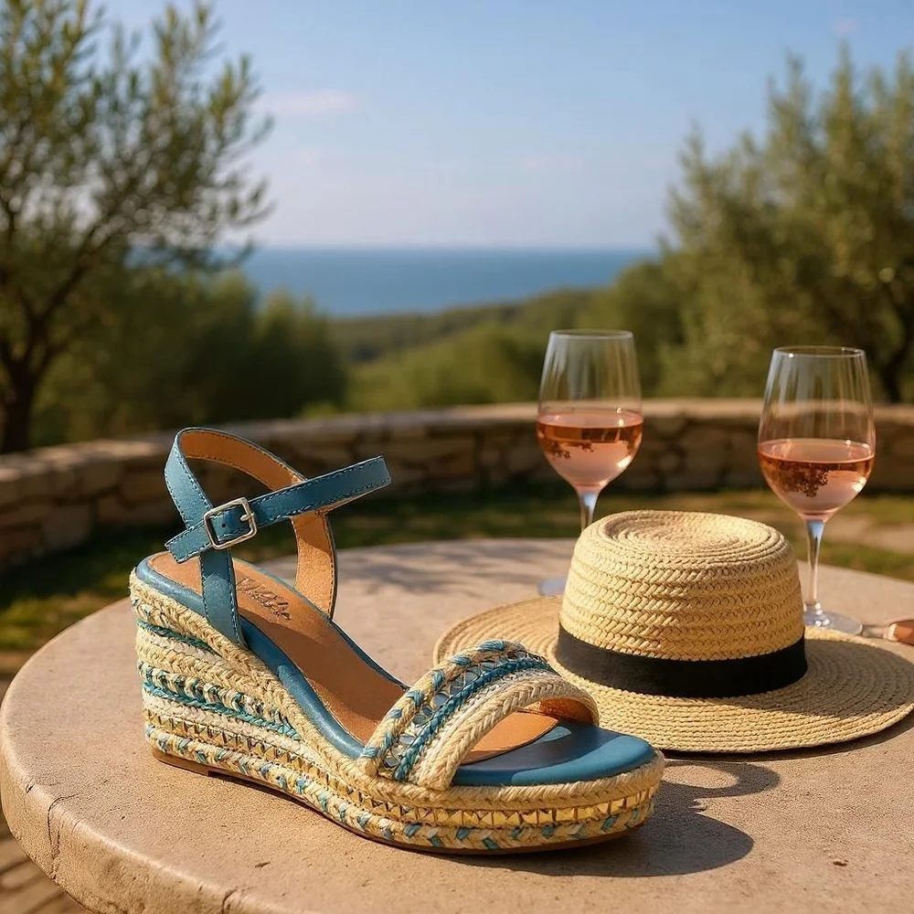 Patrizia Tisch Woven Wedge Light Blue Embellished Espadrille Sandals US 9.5 EU41